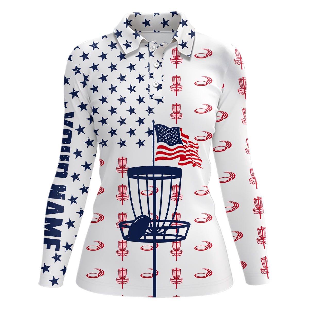 Red, white and blue American flag Womens disc golf polo shirt custom patriotic disc golf shirt NQS6766