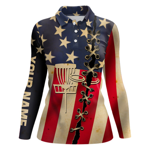 Vintage American flag Womens disc golf polo shirt custom patriotic disc golf shirt NQS6767