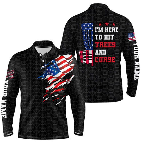 American flag Mens disc golf polo shirt custom black disc golf pattern i'm here to hit trees and curse NQS6288