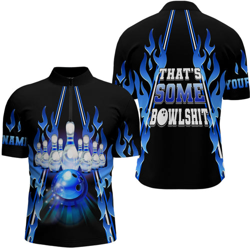 Men's bowling Quarter Zip Custom blue flame that's some bowlshit bowling ball pins team league jerseys NQS6284