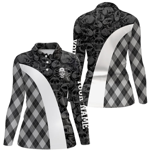 Black and white Womens golf polo shirts custom skull argyle plaid pattern golf shirts for ladies NQS6518