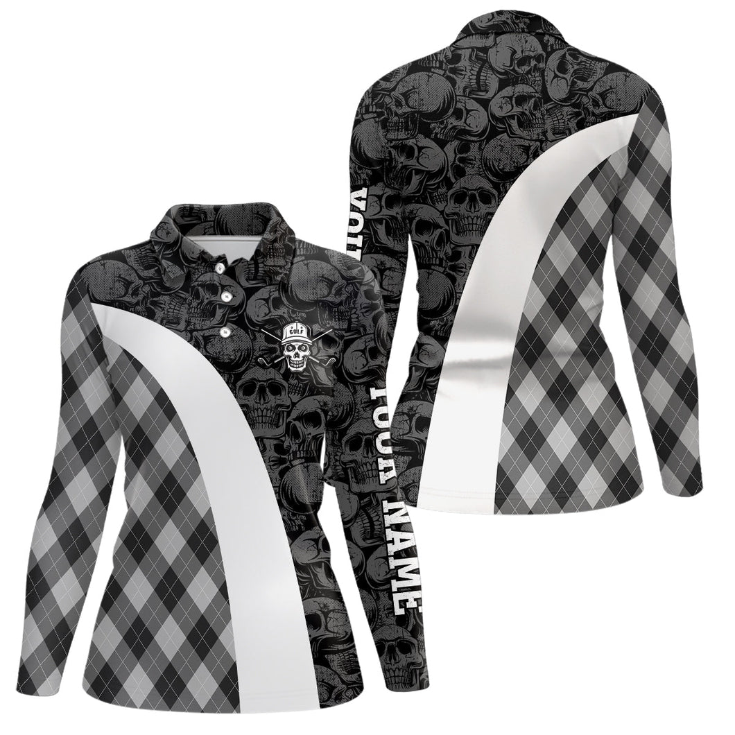Black and white Womens golf polo shirts custom skull argyle plaid pattern golf shirts for ladies NQS6518