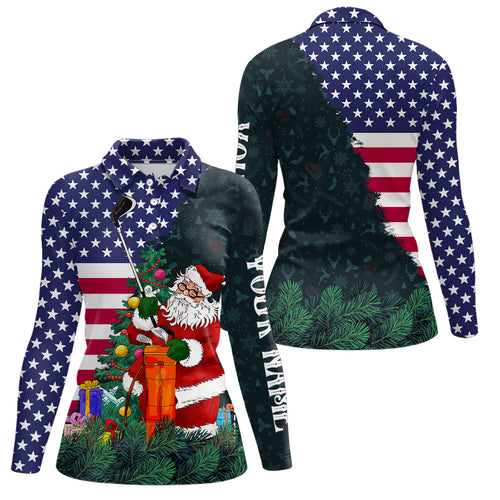 American flag Christmas Santa golf pattern custom Womens golf polo shirts, Xmas golf outfits women NQS6779