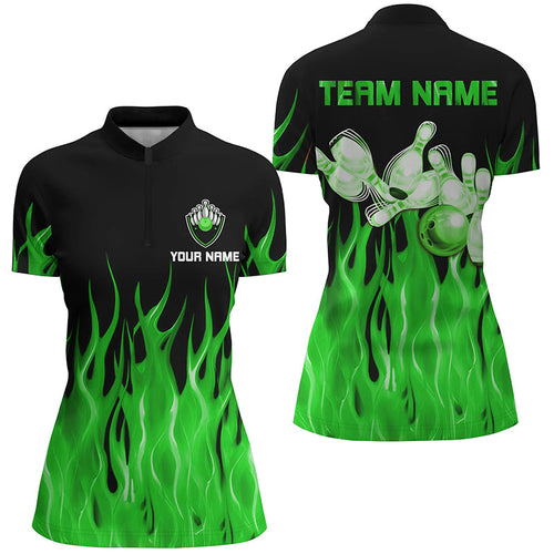 Green flame Bowling Quarter-Zip Shirt Women black Bowling Jerseys Personalized Bowling Team Shirts NQS7303