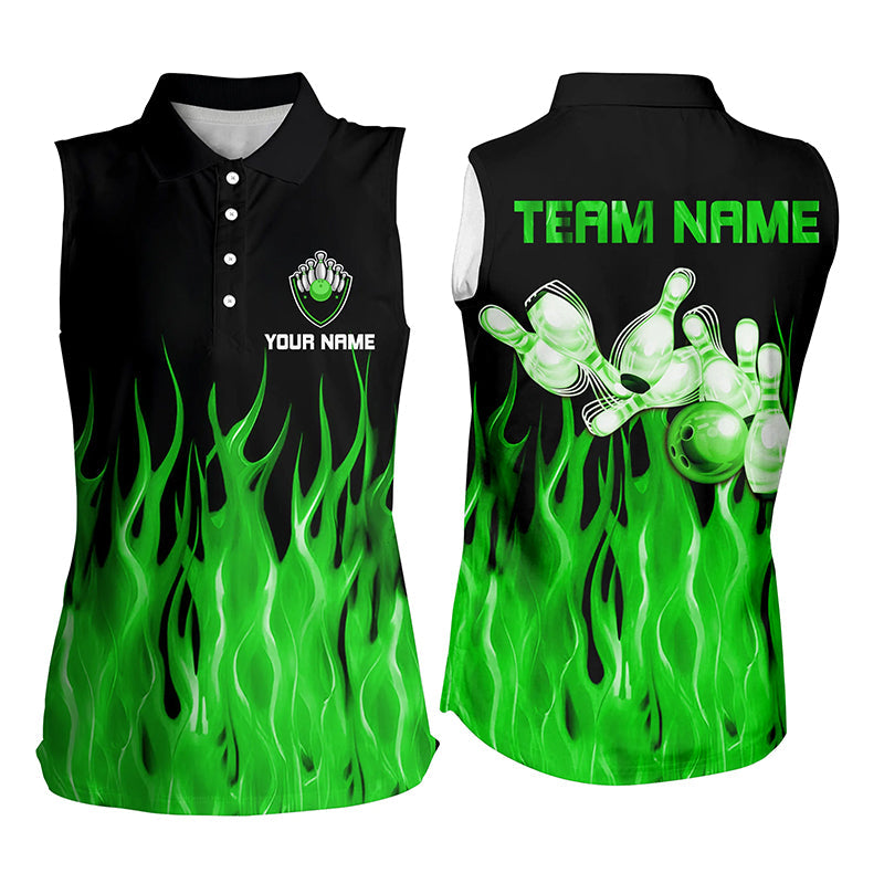 Personalized Women sleeveless polo shirts Green Flame Bowling Ball Pins bowling jerseys for Bowler NQS7303