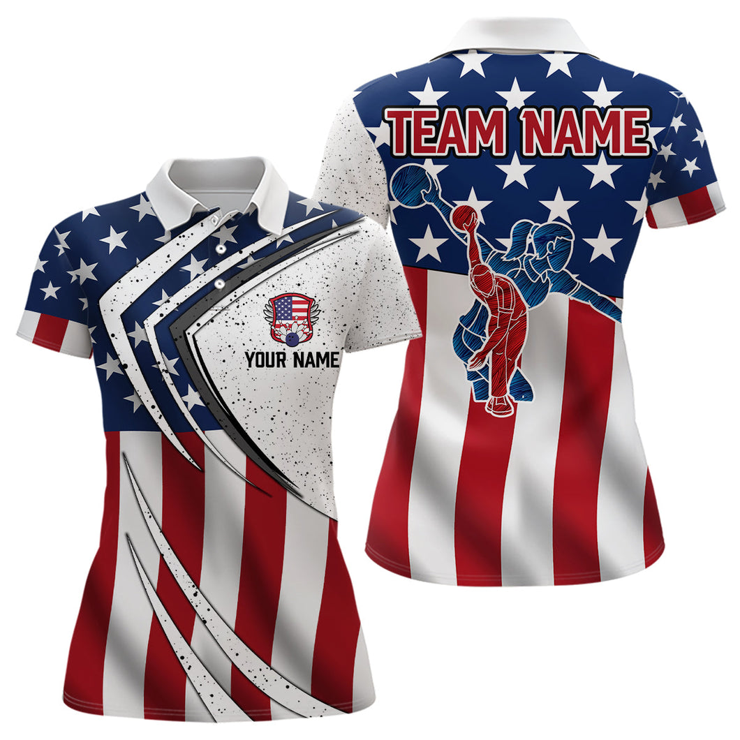 American flag retro Bowling Shirts For Women Custom Patriotic Bowling Team League Jerseys Polo Shirts NQS6549