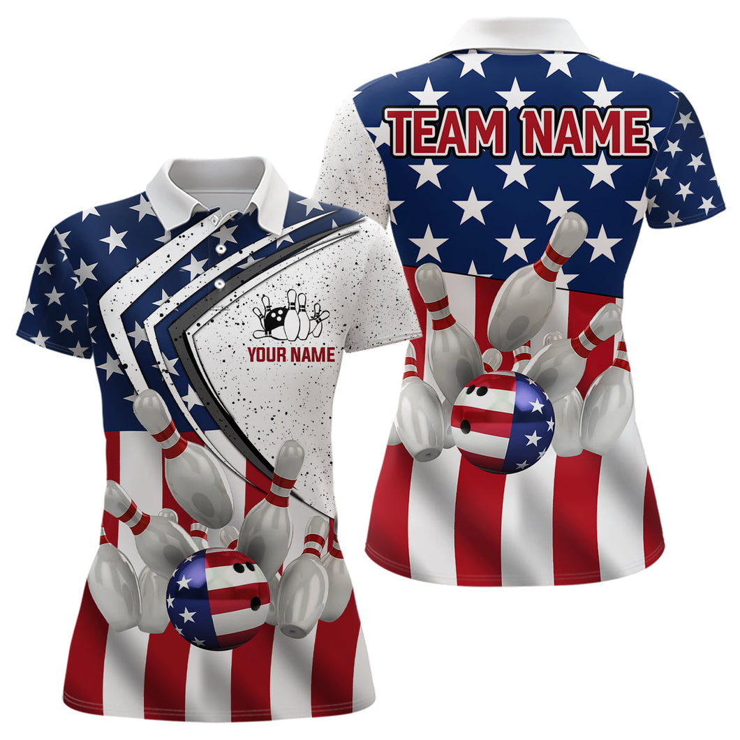 American flag retro Bowling Shirts For Women Custom Patriotic Bowling Team League Jerseys Polo Shirts NQS6714