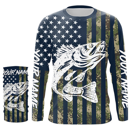 Walleye Fishing American Flag Camo custom performance fishing shirt for Men, Women, Youth/Kids FSD3552