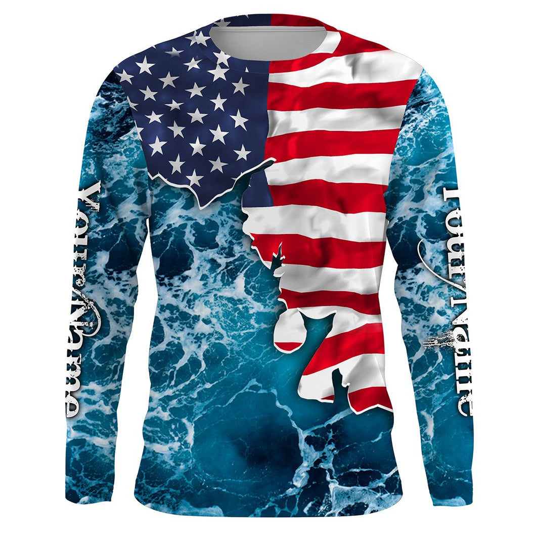 American Flag Sea Waves Fishing Custom Name Performance Shirts UV Protection Quick Dry UPF 30+ FSD2618
