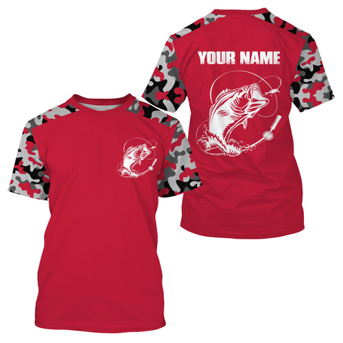 Custom Name Bass Fishing Camouflage Red Performance Fishing Shirt, Bass Fishing Jerseys FSD2867