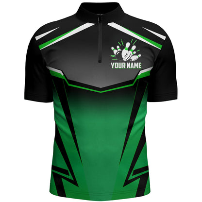 Custom Bowling Shirt for Men Kingpins Green Quarter-Zip Bowling Shirt with Name, Men Bowlers Jersey NBZ182