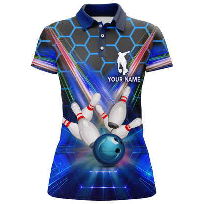 Blue Bowling Shirt For Women Custom Name Polo Bowling Jersey 3D Ladies Bowling Team Shirt BDT44