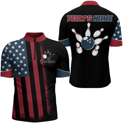 USA Flag Bowling Quarter-Zip Shirt Men Custom Bowling Jersey Patriotic Bowling Team League Shirt BDT112