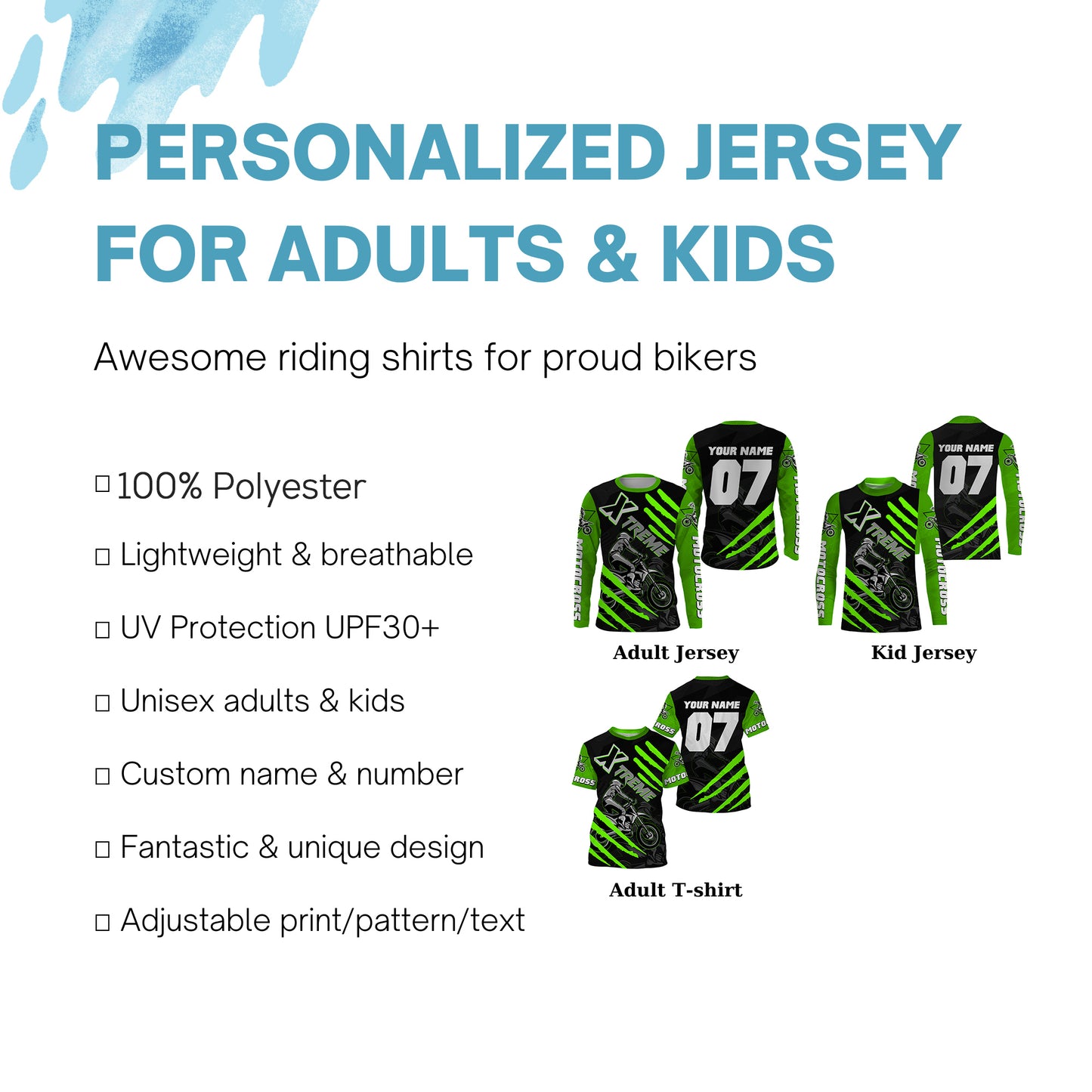 Xtreme Motocross kid&adult custom UV green MX jersey biker racing shirt motorcycle long sleeves PDT223