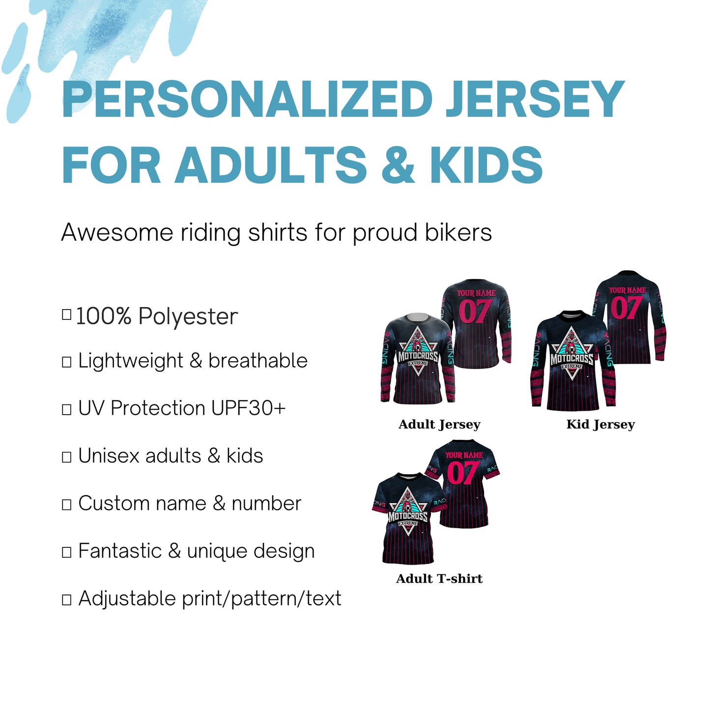 Custom Motocross racing jersey kid adult extreme UPF30+ motorcycle pink dirt bike shirt off-road PDT306