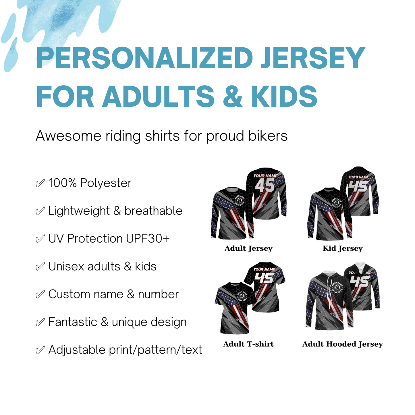 Custom logo Motocross racing jersey UPF30+ Patriotic Work Less Ride More dirtbike rider motorcycle NMS1011