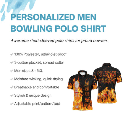 Flame Men Polo Bowling Shirt, Clean Sweeps Personalized Team Bowlers Jersey NBP80