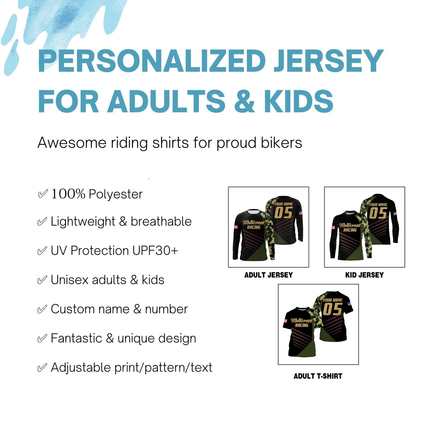 Personalized motocross jersey for youth men dirt bike off-road camo UPF30+ riding shirt motorcycle PDT157