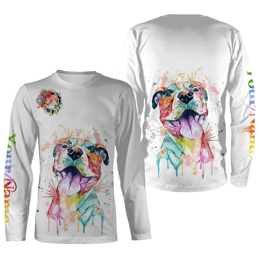 Watercolor Pitbull T-shirt Long Sleeve Hoodie| Custom Name Pitbull Terrier Lover Shirt| JTSD291