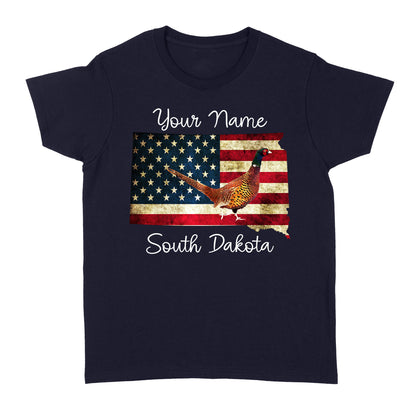 Pheasant hunting shirt South Dakota American Flag bird hunter custom name T-shirt - FSD1162 D06